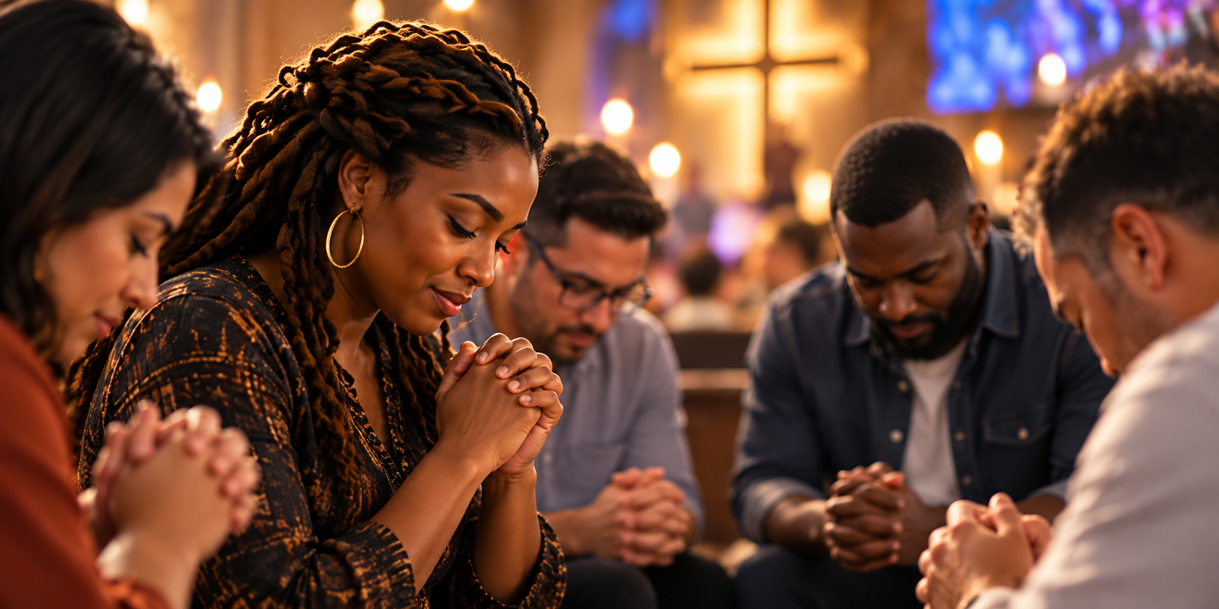 Worshippers praying with clasped hands