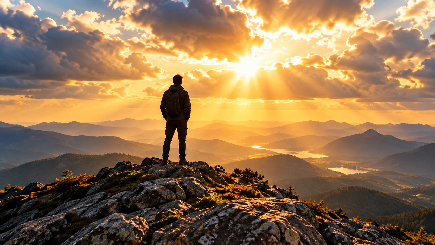 A person standing on a rocky ridge beneath radiant golden clouds
