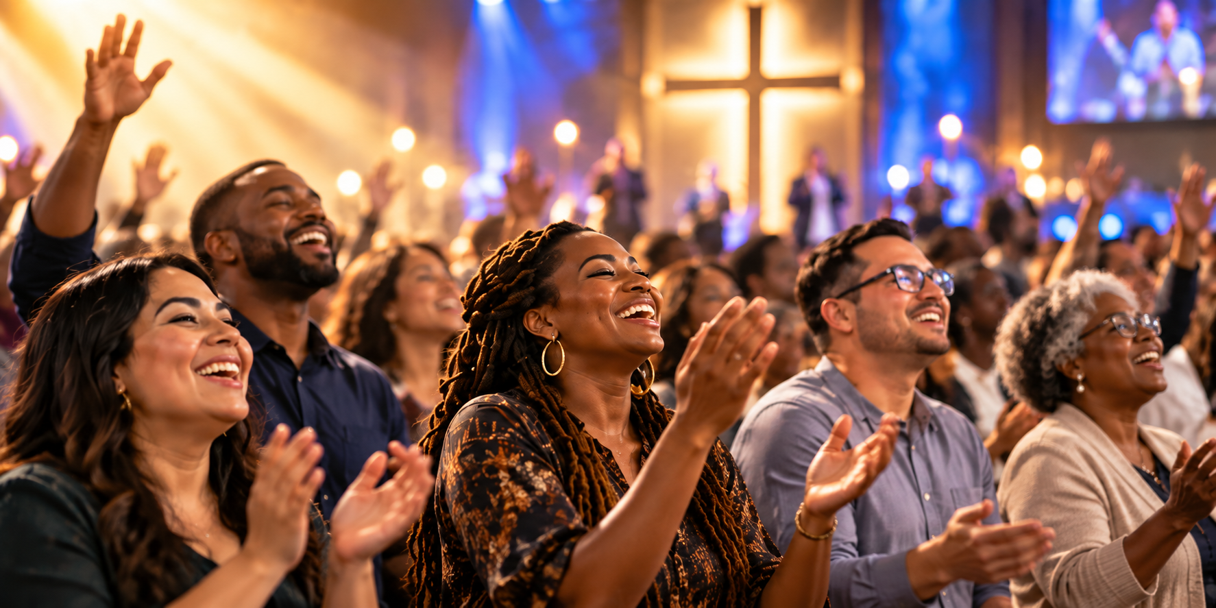 Joyful worshippers singing and clapping together